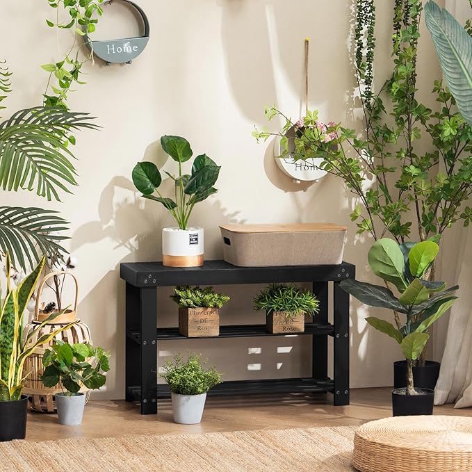 Apicizon Bamboo Shoe Rack for Entryway, 3-Tier Shoe Rack Bench for Front Door Entrance, Small Shoe Organizer with Storage, Black