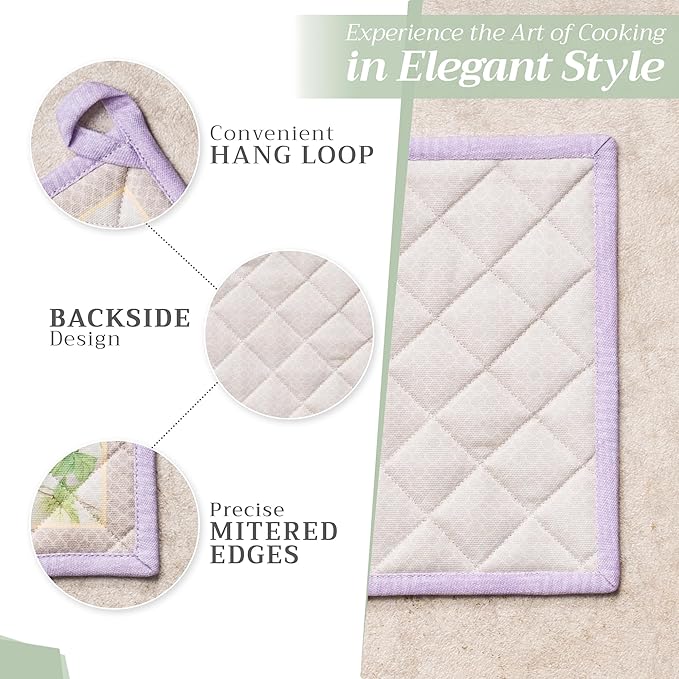 Maison d' Hermine Pot Holders Set 100% Cotton Heat Resistant Potholders 8" x 8" Hot Pads with Loop BBQ, Cooking, Grilling, Kitchen, Handling Hot Pans Spring/Summer (Pack of 2, Magnolia Mornings)