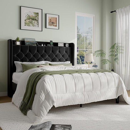 SHA CERLIN Full Size Platform Bed Frame with Charging Station, Velvet Wingback Headboard with Storage Shelf, Wooden Slats Support, Ample Under-Bed Space, No Box Spring Needed, Easy Assembly, Black