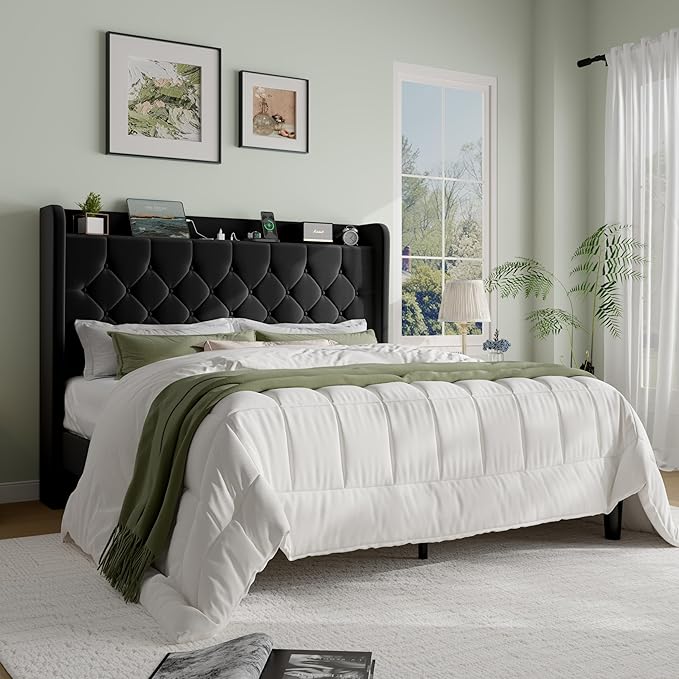 SHA CERLIN Queen Size Platform Bed Frame with Charging Station, Velvet Wingback Headboard with Storage Shelf, Wooden Slats Support, Ample Under-Bed Space, No Box Spring Needed, Easy Assembly, Black