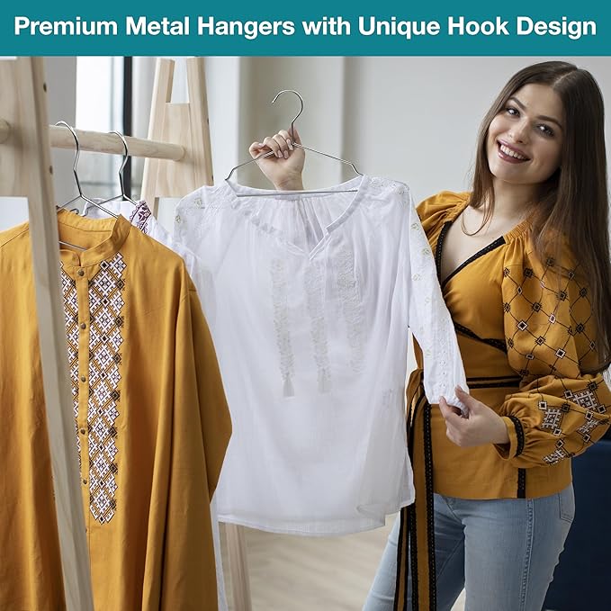 Luxurious Hanger Set Heavy Duty Metal Hangers with Unique Hook Design Durable & Sturdy Coat Hangers 4mm Thick Withstands 25lbs Weight Smooth Finish Compact Shirt Hangers - 10 Pack Chrome