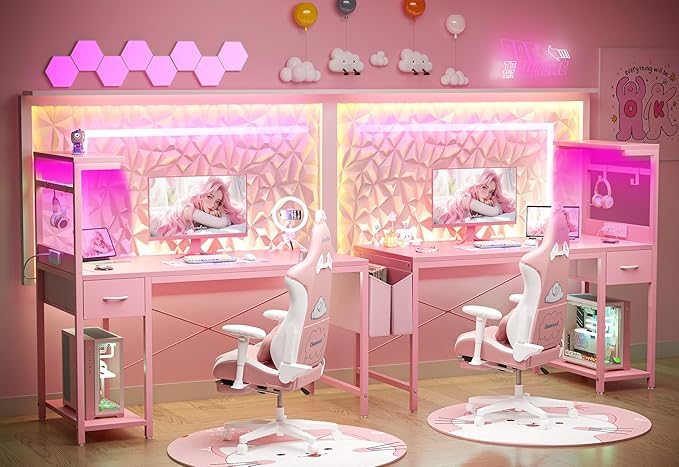 TIQLAB Gaming Desk 47 inch with Power Outlet and LED Light, Computer Desk with Reversible Shelves and Storage Drawer, Small PC Desk for Home Office Table with Bag, Carbon Fiber Pink