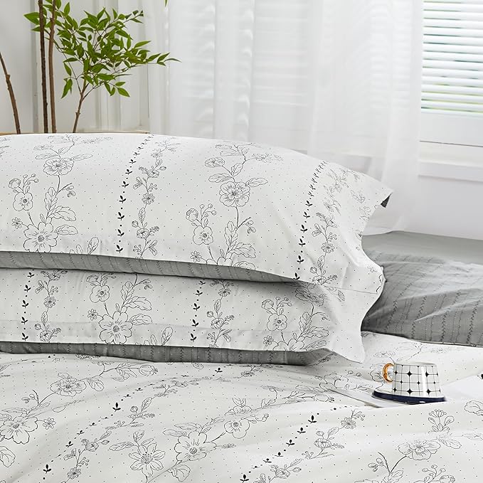 SAPHREAS Grey Floral Pattern Duvet Cover Set Twin Size 2pcs Bedding Comforter Cover Set 100% Cotton 1 Duvet Cover 68"x90" 1 Pillow Sham, Comforter Not Included