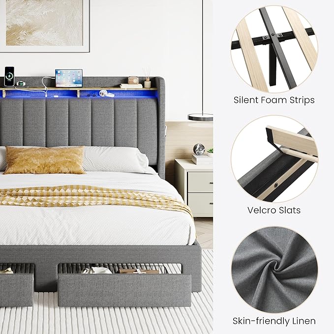 SHA CERLIN King Size Platform Bed Frame with Vertical Channel Tufted Wingback Headboard & 2 Storage Drawers/2-Tier Shelves with LED Lights & Charging Station/Noise-Free/No Box Spring Needed/Dark Grey