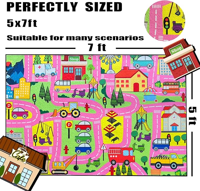 Car Mat for Kids Toy Cars - Car Track Rug Car Carpet for Kids Play Mat City Life Road Carpet for Girls Playroom Living Room Bedroom Classroom, Pink, 3'×5'