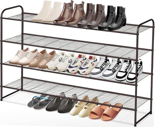 KEETDY 4-Tier Long Shoe Rack for Closet Floor, Wide Shoe Organizer Storage, Stackable Shoe Rack for Entryway Metal Shoe Shelf for 30 Pairs Men Sneakers with Wire Grid for Bedroom, Bronze