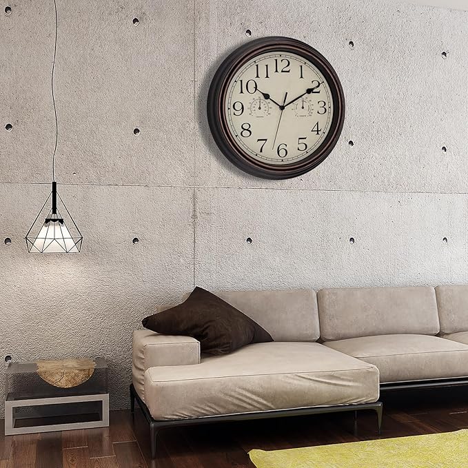 Foxtop Indoor Outdoor Waterproof Wall Clock with Thermometer and Hygrometer Combo, 14 Inch Retro Silent Non-Ticking Battery Operated Quartz Round Outdoor Clocks for Patio Home Office (Bronze)