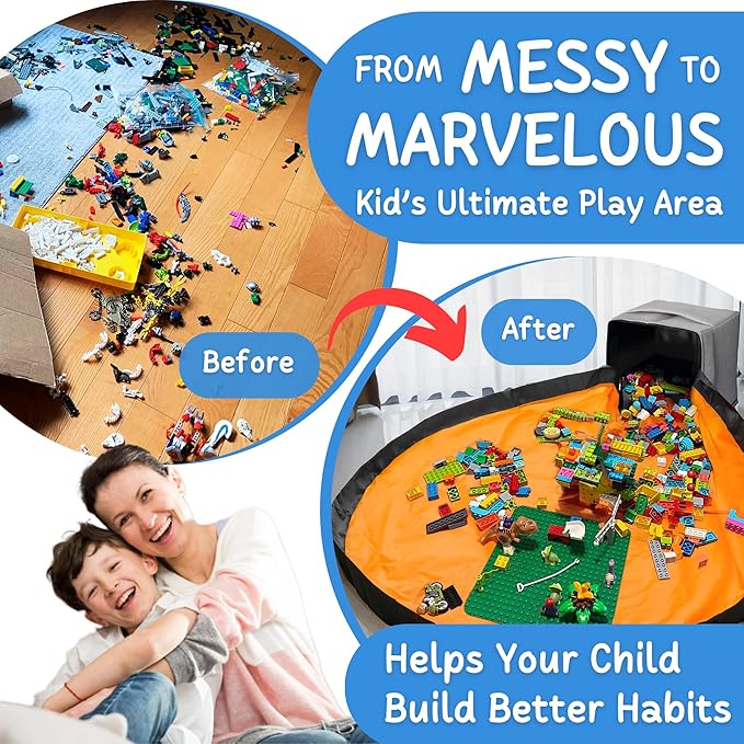 XL Toy Storage Organizer with Play Mat - Storage Bag/Box for Kids, Boys, Girls, Nursery, Playroom - Basket for Building Bricks/Blocks - Collapsible Fabric Cube Bin, 13"x13"x15"