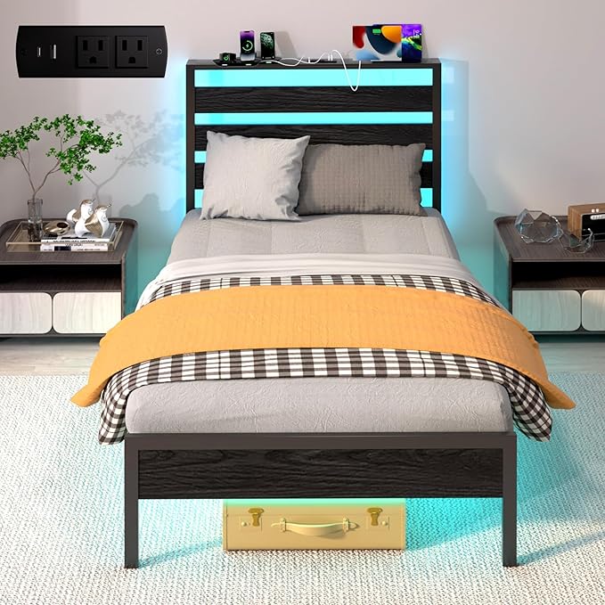 Twin Bed Frame with LED Lights & Charging Station, Storage Headboard, Heavy Duty Metal Slats, No Box Spring Needed, Noise-Free, Easy Assembly, Black
