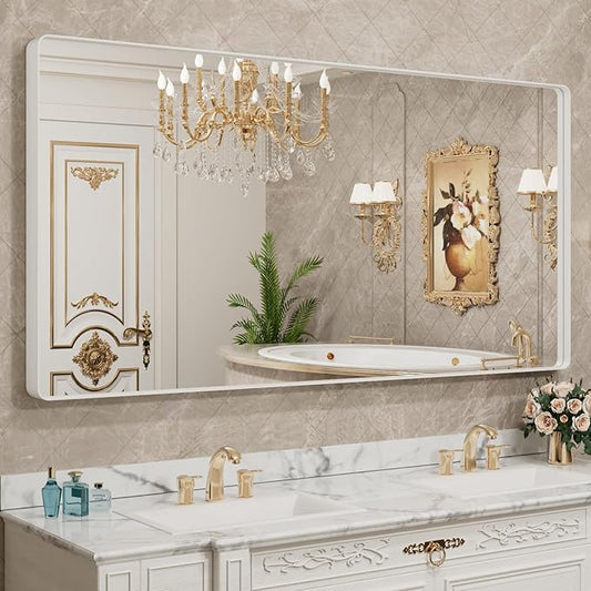 LOAAO 72x32 Inch White Metal Framed Bathroom Mirror for Wall, White Bathroom Vanity Mirror Farmhouse, Large Rounded Rectangle Mirror, Anti-Rust, Tempered Glass, Hangs Horizontally or Vertically