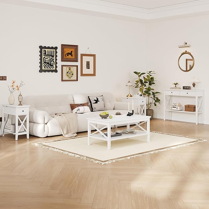 ChooChoo Coffee Table Classic X Design for Living Room, Rectangular Modern Cocktail Table with Storage Shelf, 47 Inch