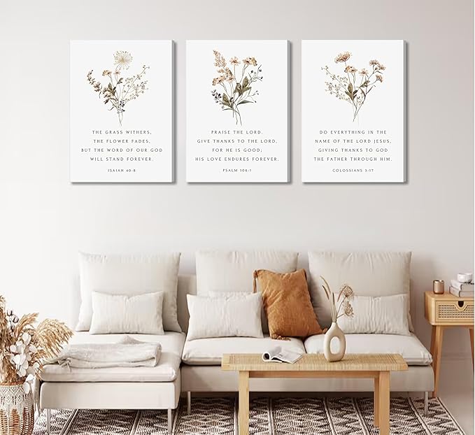 Wildflower Verses Canvas Wall Art Bible Verses Floral Paintings Pictures Wall Decor Botanical Scripture Christian Posters Prints for Bedroom Living Room Office Christian Scene Home Decorate