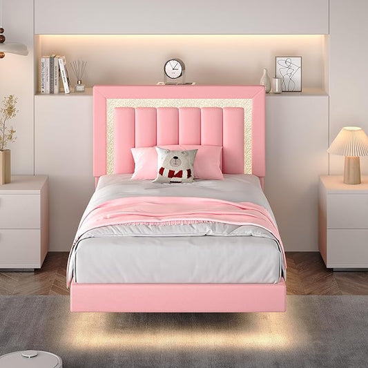 HOMBCK Floating Twin Bed Frame with Smart LED Lights, Faux Leather Upholstered Platform Bed with Diamond Headboard, No Box Spring Needed, Noise-Free, Easy Assembly, Pink