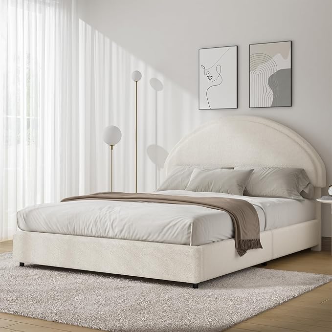 Queen Bed Frame, Boucle Upholstered Platform Bed Frame with Rounded Corners, Soft Bedframe with Round Headboard, No Box Spring Required, Easy Assembly, White