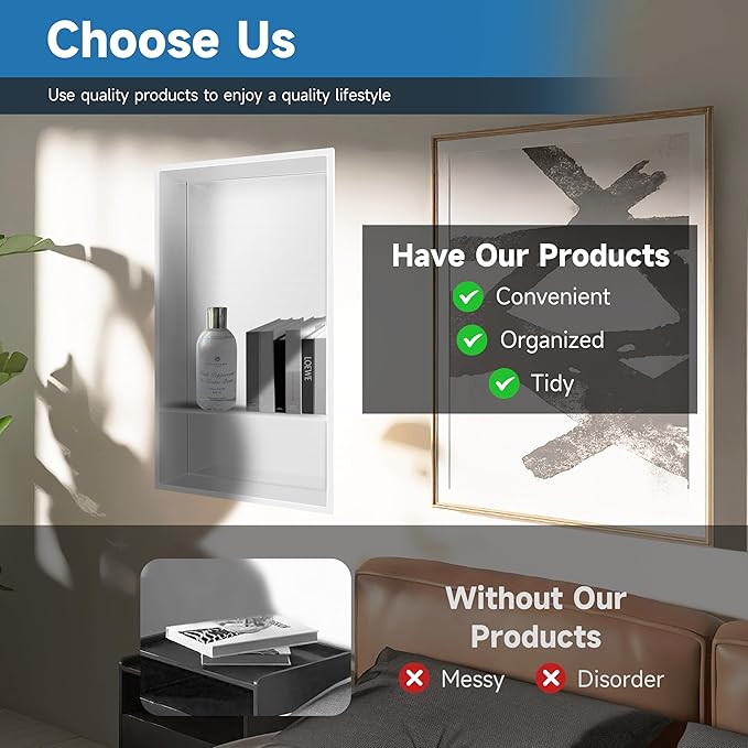 12" X 25" Stainless Steel Shower Niche Insert Tile Ready, Niche for Shower Wall, 2-Tier Recessed Shelves No Tile Needed for Bathroom Storage, White