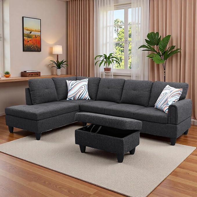 L-Shaped Sectional Sofa with Movable Chaise & Storage Ottoman, Lounge 3-Piece Modular Convertible Couches for Living Room, Apartment & Office, Black Grey