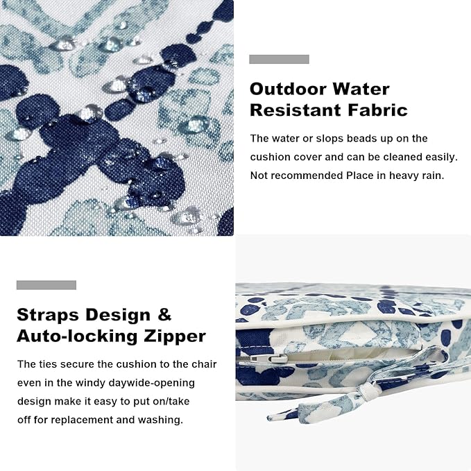 Set of 4 Outdoor Chair Cushions 19"x19"x2",Water Repellent Patio Seat Cushion with Ties and Removable Covers,Dining Chair Cushions for Indoor Kitchen and Patio Furniture,Boho Geometry Blue