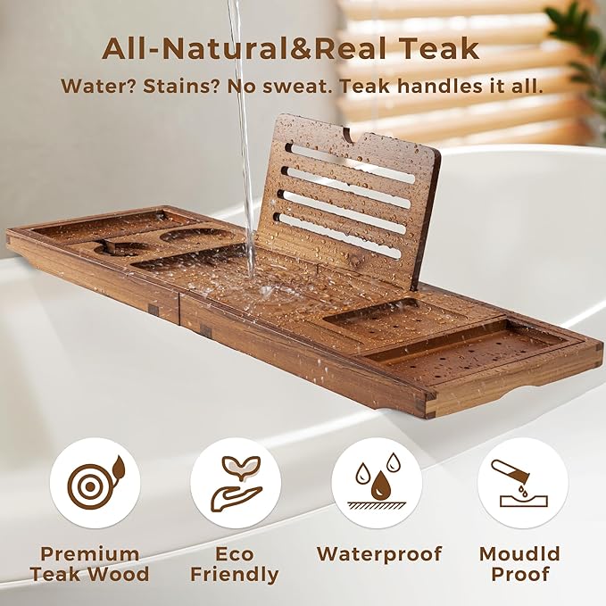 Teak Bathtub Tray Expandable Bathroom Tray for Home Spa Relaxation, Wooden Tray Caddy for Bathtub, Teak Bathtub Caddy as Unique Housewarming, Birthday, Wedding Shower Gifts (Light Walnut)