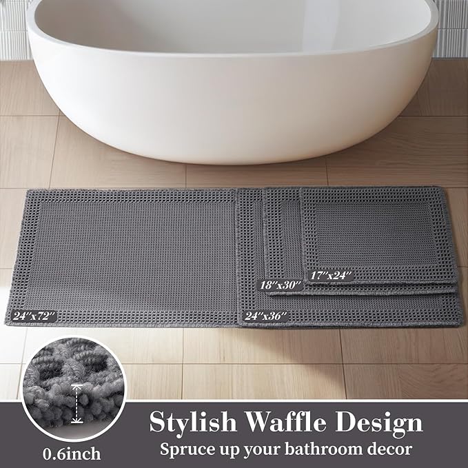 RESARE Waffle Bath Mat - Super Absorbent Non Slip Machine Washable, Ultra Soft Boho Rug with Tassels, Upgraded Bordered Design, 17"x24" Dark Grey
