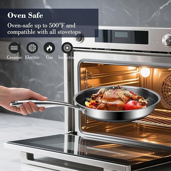 8 Inch Hybrid Non Stick Frying Pan Set Skillet Stainless Steel Skillet Chef's Pan with Matching Lid, PFOA-Free Non-Toxic Cookware, Dishwasher & Oven Safe, Induction Compatible All Cooktop