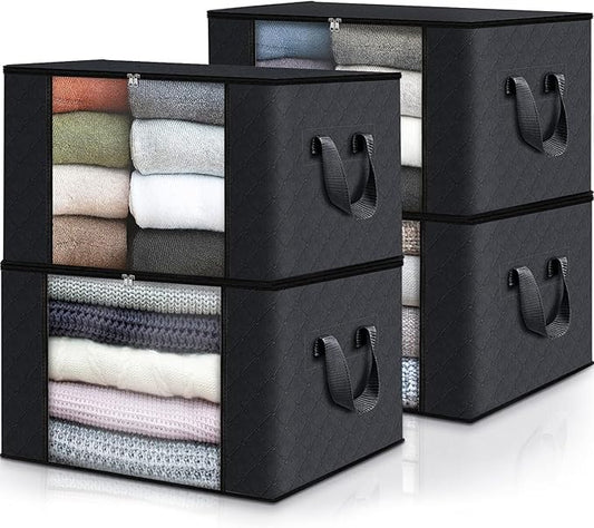 Fab totes 4 Pack Clothes Storage, Foldable Thick Fabric Blanket Storage Bags, Containers for Organizing Bedroom, Closet, Clothing, Comforter,Closet Organization with Handle,Black
