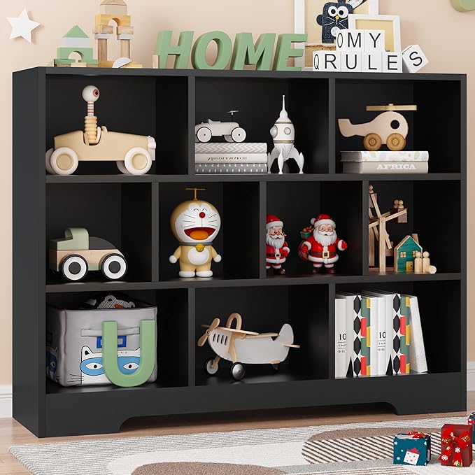 Kids Book Shelf Set of 2, 10 Cubes Storage Organizer Montessori Bookshelf, 3-Tier Wooden Kids Bookcase, Toy Storage Organizer for Children, Black Bookshelf Cube Shelf for Kid’s Room