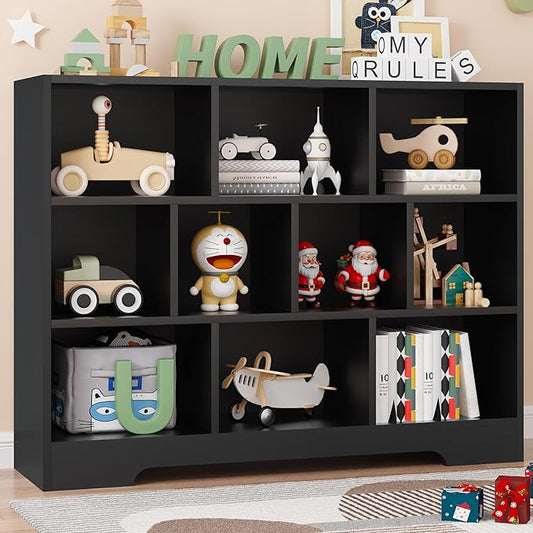 Book Shelf for Kids, 10 Cubes Storage Organizer Montessori Bookshelf, 3-Tier Wooden Kids Bookcase, Toy Storage Organizer for Children, Black Toddler Bookshelf Cube Shelf for Kid’s Room, Classroom