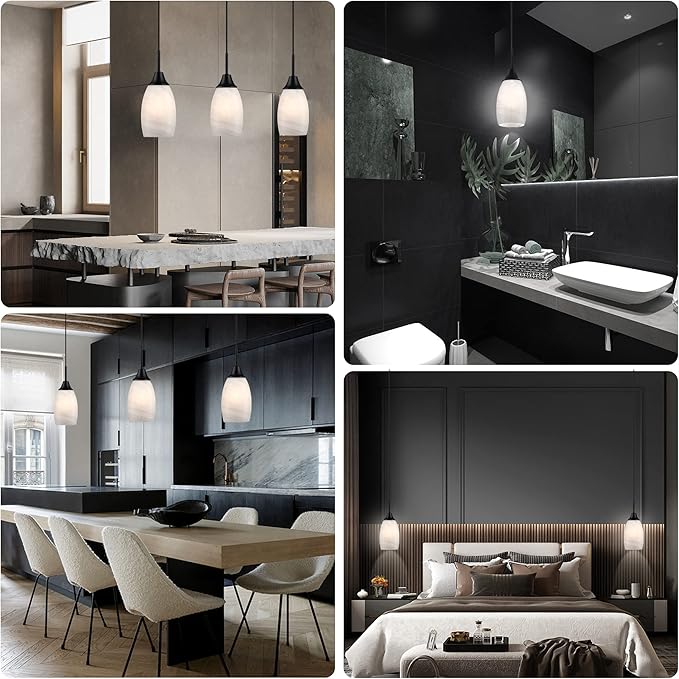 Mini Glass Pendant Light,4.72" Black White Hanging Lights 3-Pack Handblown White Oval Art Glass Hanging Pendant Light for Kitchen Island,Dining Room,Living,Foyer,Hallway, Entry