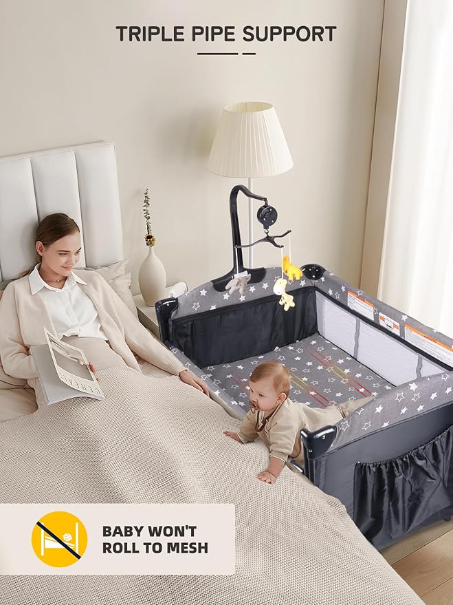 Bedside Bassinet for Baby, Portable Baby Crib with Mosquito Net, Mattress, Diaper Changer, Playpen for Newborn to Toddles, Pack and Play with Bassinet, 5 in 1 Bedside Crib