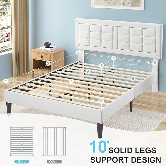 VECELO Full Size Bed Frame with Adjustable Headboard, Upholstered Button Tufted Platform Bedframe with Wood Slats Support, No Box Spring Needed, Linen & White