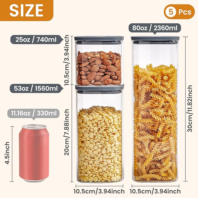 Square Glass Food Storage Jars with Lids[Set of 5], Perfect for Pasta, Cookies, Nuts, Coffee, Cereal, Flour,Organize Your Kitchen with these BPA-Free Glass Jars with Silicone Lids