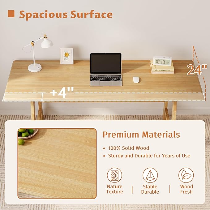 IOTXY Solid Wood Writing Table - 48" W x 24" D Minimalist Computer Desk for Home Office, Work, Study, Creativity, and PC Workstation, Oak
