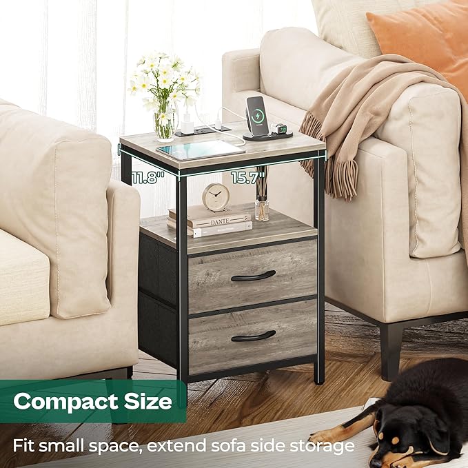 Huuger Nightstand with Charging Station, Fabric Drawers, End Table with Open Shelf, Bedside Table with USB Ports and Outlets, Night Stand for Bedroom, Oak