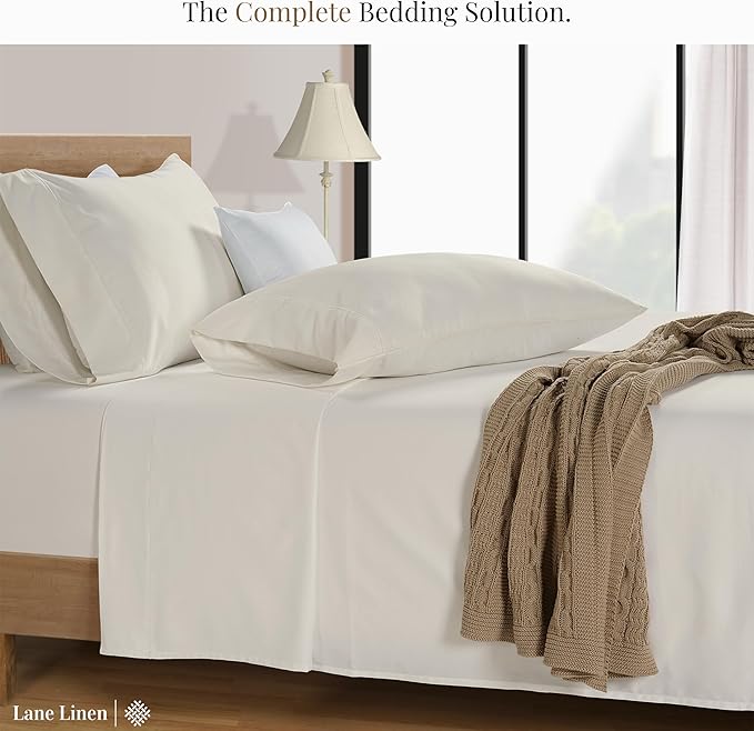 LANE LINEN 100% Cotton 600 TC Soft Twin Bedding Sheets & Pillowcases Set- Sateen Weave Fully Elasticized 15 inch Deep Pocket Twin Sheets, Hotely Like Think Natural Cooling Bedding- Ivory