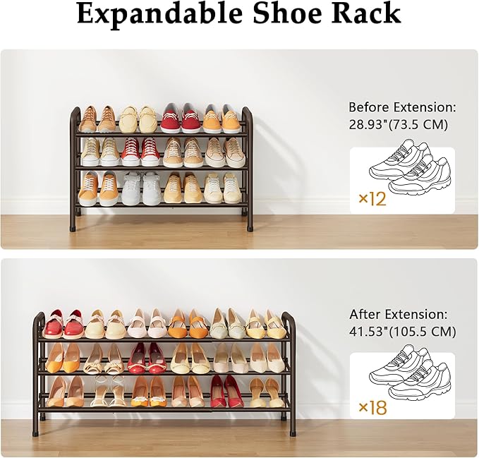 3 Tier Shoe Organizer, Shoe Rack for Closet, 28“ Metal Shelf Can Expandable to 42“, for Bedroom, Entryway, Closet, Garage, Adjustable to 18 Pairs Shoes, Brown