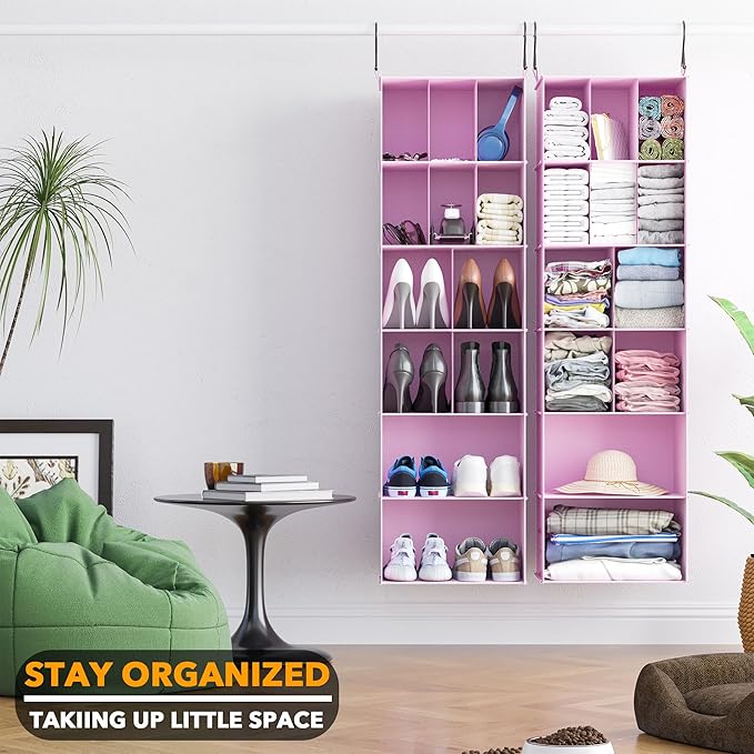 SpaceAid 2 Pack Hanging Closet Organizer and Storage with Dividers, 24 Compartments Hanging Shoe Shelves for Closet, Wardrobe, RV, Garment Rack - Pink