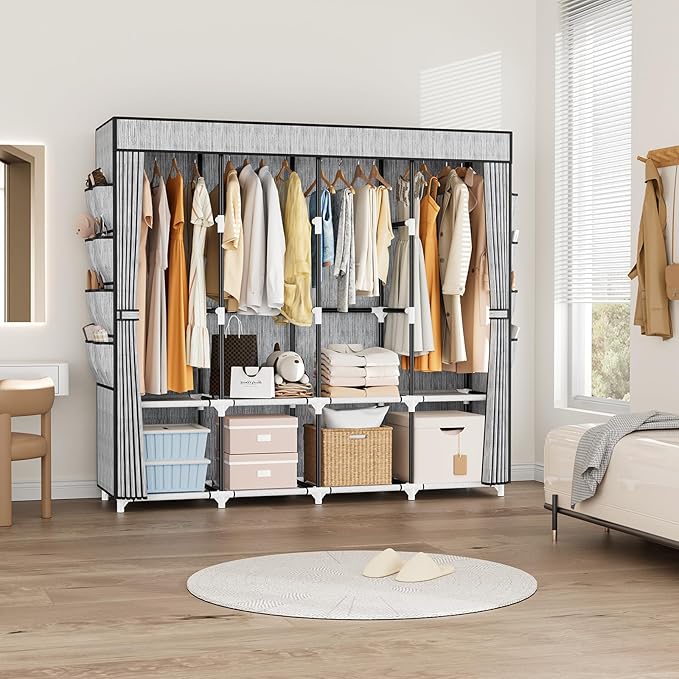 Portable Closet for Hanging Clothes, 67 Inch Wide Portable Wardrobe Closet with Cover, 4 Hanging Rod, Storage Shelves and Side Pockets, Large Free Standing Closet for Bedroom, Printing