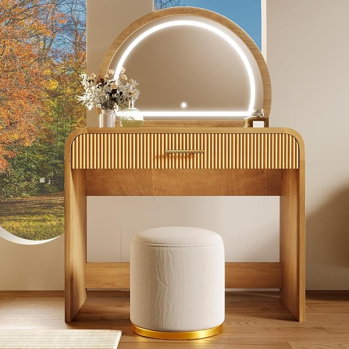 Merax 39" Make Up Vanity Desk with Touch Screen Lighted Mirror and Storage Drawer, Rubber Wood Girls Makeup Dresser Table for Bedroom, Dressing Room