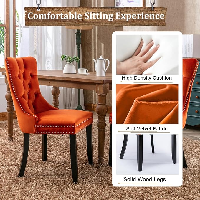 Goujxcy 78.7" Farmhouse Extendable Dining Room Table Set for 6, 7-Piece Rectangle Kitchen Dining Room Table Set with Wood Base and 6 Orange Velvet Dining Chairs, Extending Kitchen & Dining Table Set