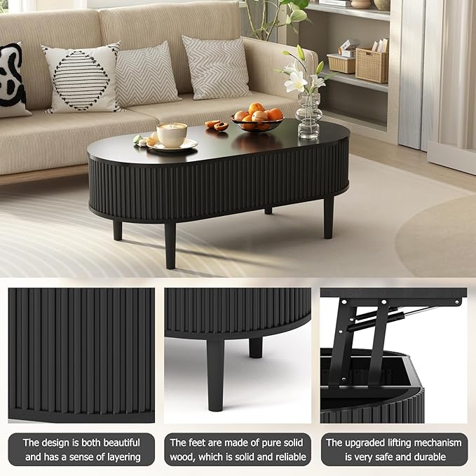 Ludatido 39 Inch Lift Top Coffee Table with 3 Storage for Living Room, Oval Coffee Table with Hidden Compartment, Fully Wooden Center Easy to Assembled for Home Living Room Office Black