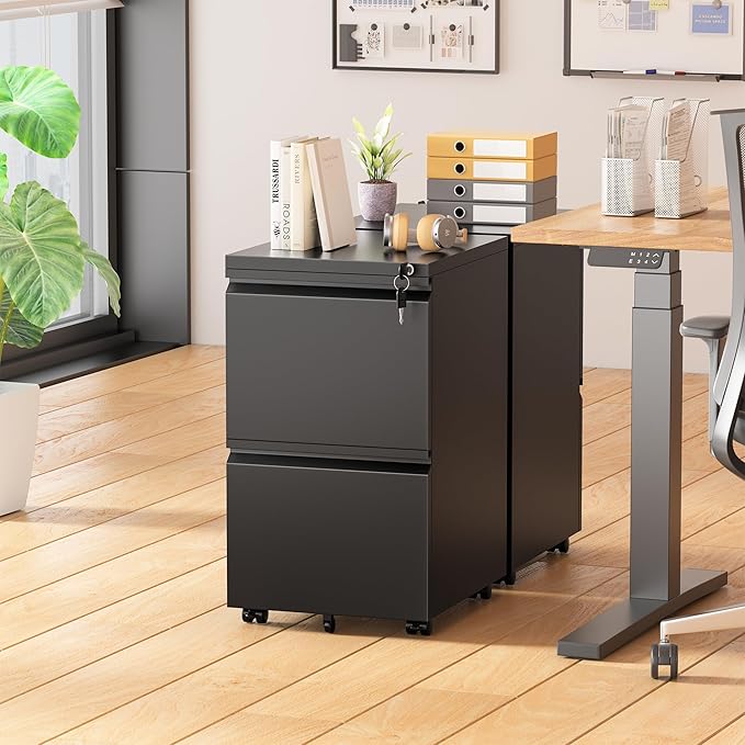 Greenvelly 2 Drawer Mobile File Cabinet with Lock, Metal Filing Cabinet on Wheels, Under Desk File Cabinet for Home Office Organizer Letter/Legal/A4 File (Assembly Required, Black)