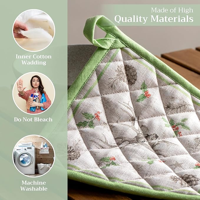 Maison d' Hermine Pot Holders Set 100% Cotton Heat Resistant Potholders 8" x 8" Hot Pads with Loop for Thanksgiving Christmas Decorations BBQ Baking Handling Hot Pans (Pack of 2, Christmas Dew)