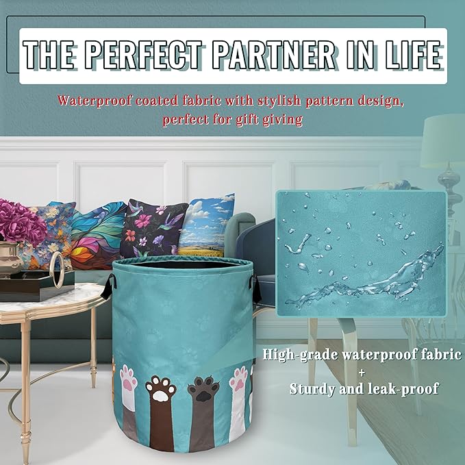 Cute Cat Paws Dog Paw Laundry Basket Foldable With Handles Tote Bag Oxford Cloth Funny Animal Laundry Hamper 18.9" x 16.5 "Clothes Storage Bucket Toy Organizer For Bathroom/Laundry/Bedroom