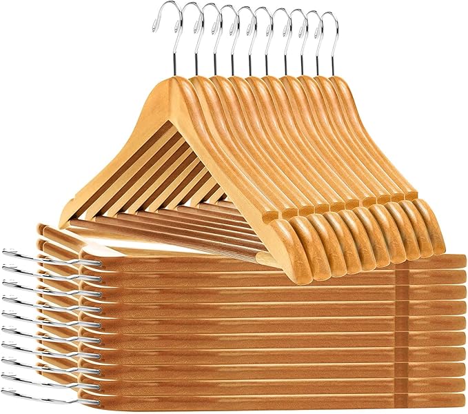 Quality Wooden Hangers - Slightly Curved Hanger 30-Pack Sets - Solid Wood Coat Hangers with Stylish Chrome Hooks - Heavy-Duty Clothes, Jacket, Shirt, Pants, Suit Hangers (Natural, 30), 17.5 inch
