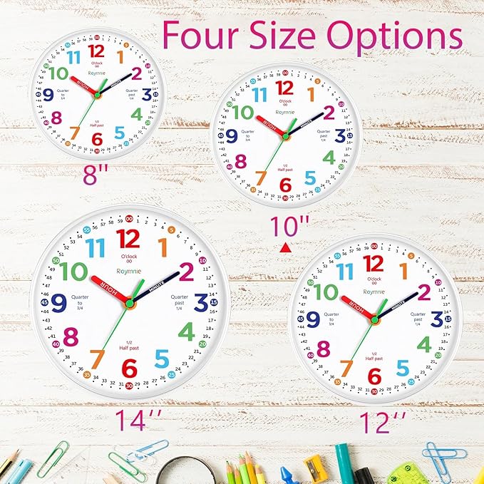 Wall Clock 10 Inch for Kids Learning Kids Teaching Clock Analog Silent Battery Operated Colorful Teaching Time Clock Decorative for Kids Room Kitchen School (White Grain)
