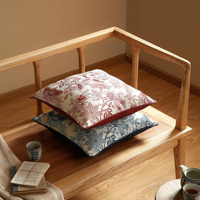 Design Linen Square Throw Pillow Covers 18"x18" Pack of 2, French Country Cushion Covers with Red Toile de Jouy Floral Pattern Decoration Pillowcases for Bed, Living Room, Outdoor, Car