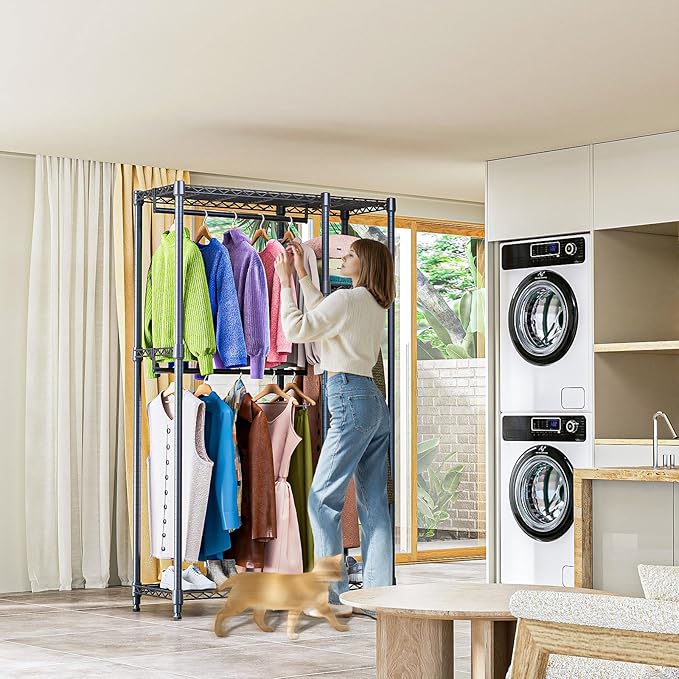 Heavy Duty Rolling Garment Rack 3 Tiers Adjustable Wire Shelving Clothes Rack with 1 Rods and Side Hooks,Storage Closet Clothing Rack Black 15.7" D x 43.3" W x 76.5" H