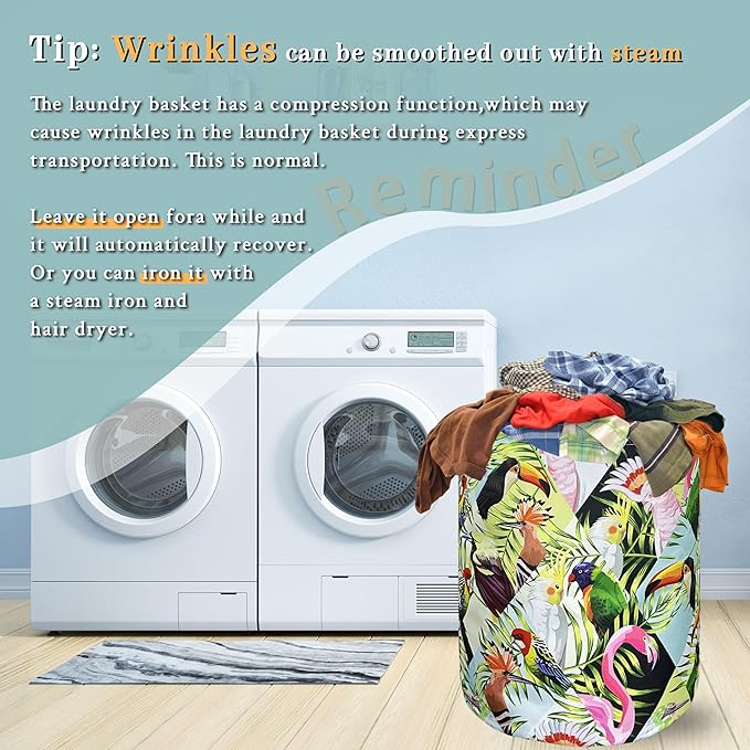 Funny Tropical Birds Laundry Basket Foldable With Handles Tote Bag Oxford Cloth Palm Leaves Laundry Hamper 18.9" x1 6.5" Clothes Storage Bucket Toy Organizer For Bathroom/Laundry/Bedroom