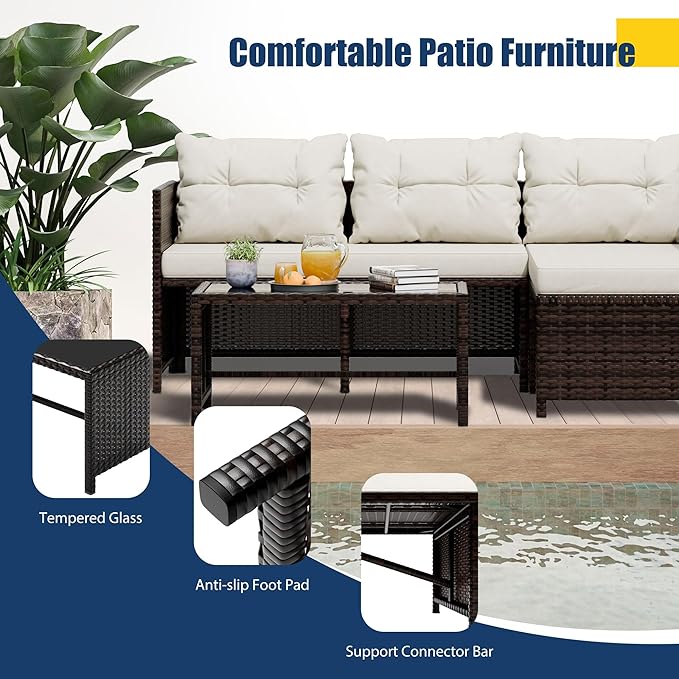 Vongrasig 3 Piece Patio Furniture Sets, All-Weather PE Wicker Outdoor Sofa Couch Sectional Set, Small Conversation Set for Garden/Patio w/Cushion, Glass Table, (Beige)