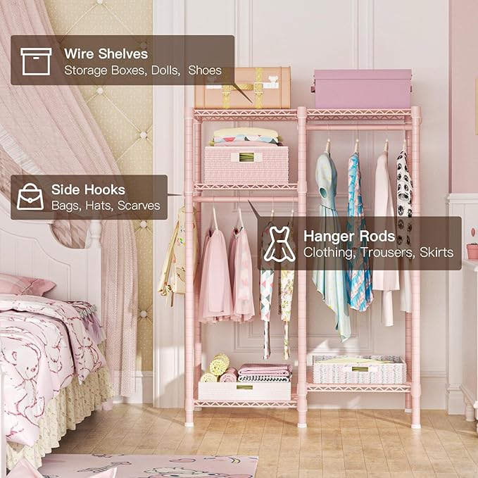 Ulif F1 Clothes Rack for Kids, Baby, Students, and Children's Room, 4 Tiers Portable Metal Closet Clothing Rack, Small Garment Rack with 2 Hanging Rod, 31.2" W x 11.8" D x 48" H, Pink